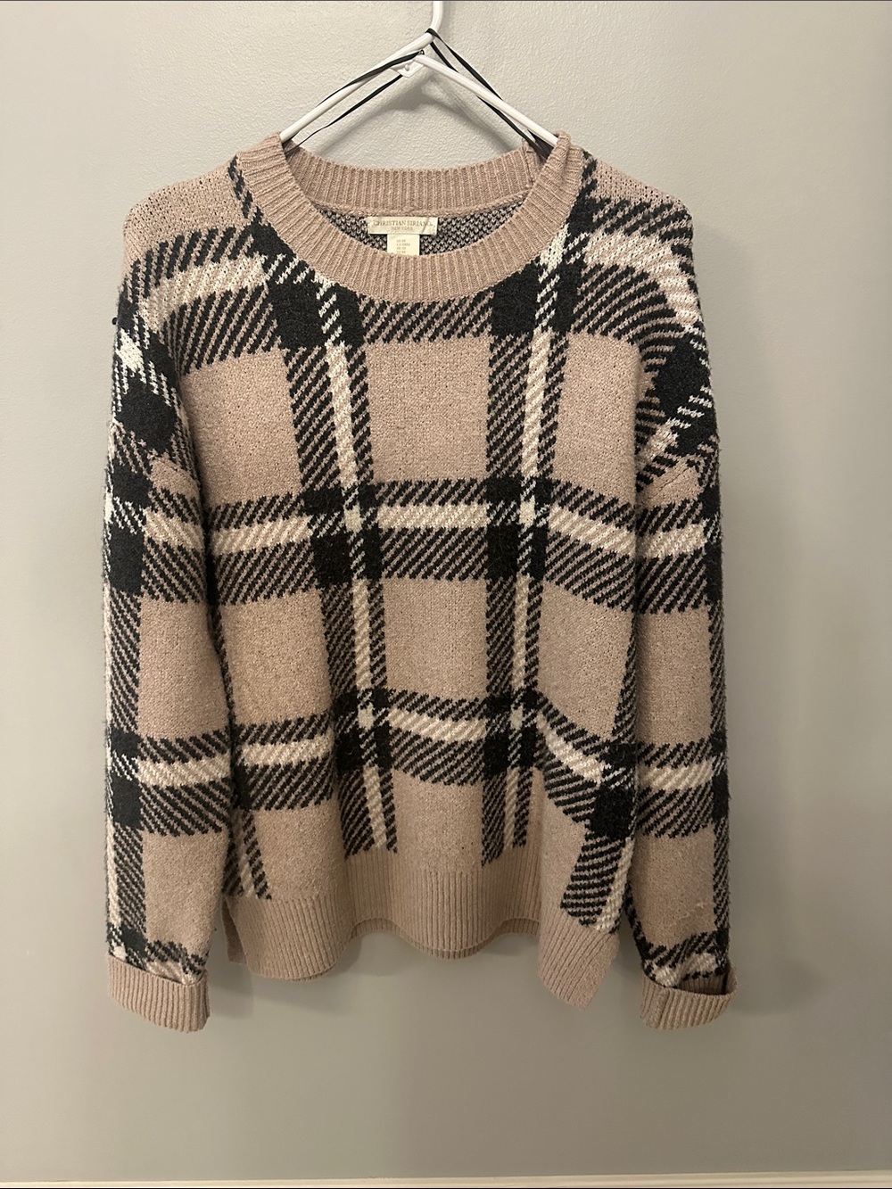 Christian Siriano Plaid Crewneck Sweater in Beige, Black, Cream